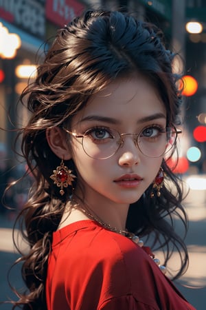 1girl, solo, long hair,oil painting, impasto, looking at viewer, black hair, jewelry,sweater,red eyes,close,earrings, lips,brown skin, necklace,hunter eyes,sharp eyes,glitter,shiny,flirty gaze,lips,portrait background,circlet,(red glasses,adjusted contrast),masterpiece,beautyniji,nijistyle,niji, 
