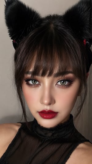 1girl, looking at viewer, dark cinematic background, black hair, white background, hair bang, cat headband, makeup, single hair bun, red lips, dark theme