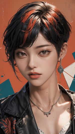 A striking magazine cover features Kizi, a stylish androgynous model with trendy clothing and a bold, red-toned pixie haircut. The subject is set against a columnar patchwork background with geometric pattern stitching, creating a visually appealing contrast. Kizi's face is meticulously rendered, showcasing detailed eyes, lips, and facial features. The overall composition is brilliant, drawing the viewer's attention to the confident and charismatic model.