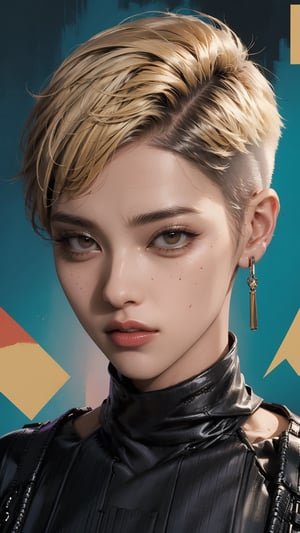 A striking magazine cover features Kizi, a stylish androgynous model with trendy clothing and a bold, yellow-toned pixie haircut. The subject is set against a columnar patchwork background with geometric pattern stitching, creating a visually appealing contrast. Kizi's face is meticulously rendered, showcasing detailed eyes, lips, and facial features. The overall composition is brilliant, drawing the viewer's attention to the confident and charismatic model.