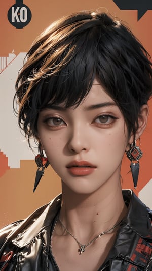 A striking magazine cover features Kizi, a stylish androgynous model with trendy clothing and a bold, red-toned haircut. The subject is set against a columnar patchwork background with geometric pattern stitching, creating a visually appealing contrast. Kizi's face is meticulously rendered, showcasing detailed eyes, lips, and facial features. The overall composition is brilliant, drawing the viewer's attention to the confident and charismatic model.