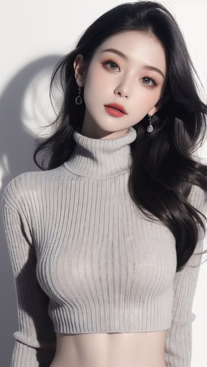 1girl, solo, black and white photo, white background, long hair, looking at viewer, black hair, sweater, jewelry, closed mouth, black chunky knit sweater, high neck, midriff, earrings, necklace, lips, head tilt, dark sunglass, white background, (brilliant composition),upper_body,monochrome,sketch,greyscale