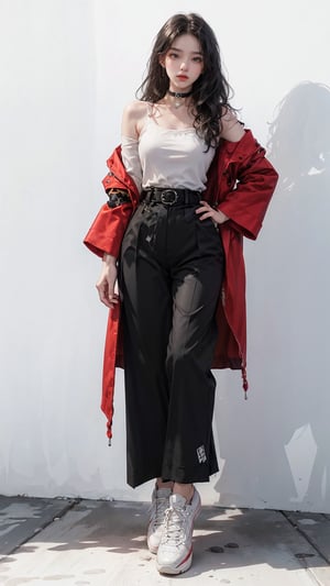 (Cinematic lighting, bloom), (Best Quality, Masterpiece, high resolution), (beautiful and detailed eyes), (realistic detailed skin texture), (detailed hair), (realistic light and detailed shadow), (masterpiece, 8k), a teen girl, (((solo))), (((black long hair))), (((black full sleeve top))), (((red coat))), (((black Palazzo pants))), (((waist obi belts))), (((choker))), (((sneakers))), Confidence and pride, teen 1_girls,beauty,Young beauty spirit, realistic, ultra detailed, photo shoot,(brilliant composition),(((white_background ))),full_body
