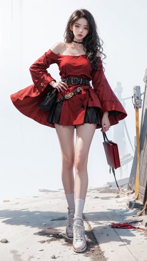 (Cinematic lighting, bloom), (Best Quality, Masterpiece, high resolution), (beautiful and detailed eyes), (realistic detailed skin texture), (detailed hair), (realistic light and detailed shadow), (masterpiece, 8k), a teen girl, (((solo))), (((black long hair))), (((red full sleeve top))), (((red coat))), (((black skirt))), (((waist obi belts))), (((choker))), (((sneakers))), Confidence and pride, teen 1_girls,beauty,Young beauty spirit, realistic, ultra detailed, photo shoot,(brilliant composition),(((white_background ))),full_body