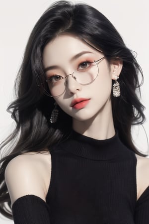 1girl, solo, black and white photo, white background, long hair, looking at viewer, black hair, black sweater, jewelry, closed mouth, black chunky knit sweater, high neck, midriff, earrings, necklace, lips, head tilt, dark sunglass, white background, (brilliant composition),upper_body,monochrome,greyscale