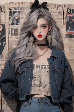 newspaper wall, looking at viewer, ((black jacket)), solo, ((skinny_jeans)), earrings, jewelry, grey hair, hair ribbon, jewelry, teen girl, ((fashionable pose)),  long hair, upper_body,skinny