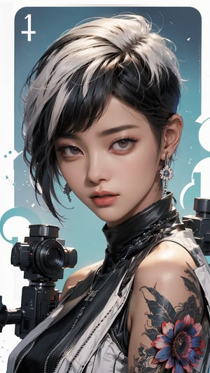 A striking magazine cover features Kizi, a stylish androgynous model with trendy clothing and a bold, white-toned pixie haircut. The subject is set against a columnar patchwork background with geometric pattern stitching, creating a visually appealing contrast. Kizi's face is meticulously rendered, showcasing detailed eyes, lips, and facial features. The overall composition is brilliant, drawing the viewer's attention to the confident and charismatic model.