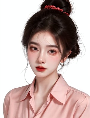 1girl, solo, looking at viewer, simple background, black hair, white background, upper body, hair bang, red shirt, buttonless, single hair bun, red lips, animification, open shirt