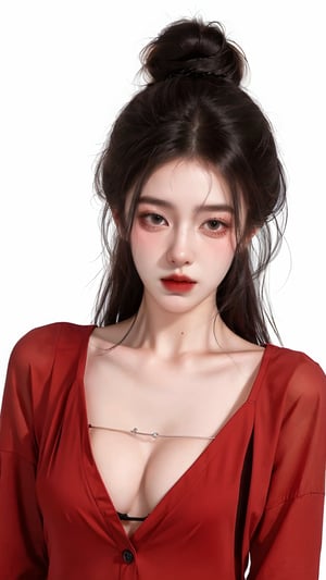 1girl, solo, looking at viewer, dark cinematic background, black hair, white background, cowboy shot, hair bang, red shirt, front open, breast, small breast, clevage, deep clevage, single hair bun, red lips, animification, open shirt, dark theme