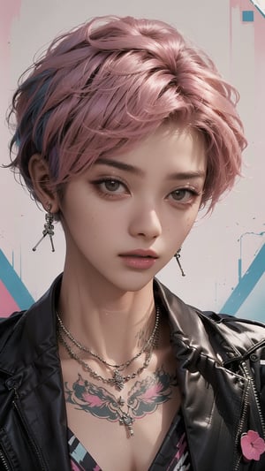 A striking magazine cover features Kizi, a stylish androgynous model with trendy clothing and a bold, pink-toned pixie haircut. The subject is set against a columnar patchwork background with geometric pattern stitching, creating a visually appealing contrast. Kizi's face is meticulously rendered, showcasing detailed eyes, lips, and facial features. The overall composition is brilliant, drawing the viewer's attention to the confident and charismatic model.