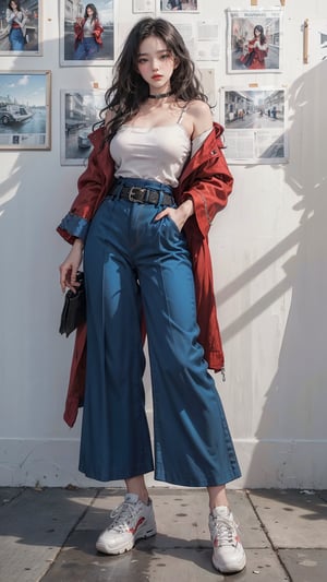 (Cinematic lighting, bloom), (Best Quality, Masterpiece, high resolution), (beautiful and detailed eyes), (realistic detailed skin texture), (detailed hair), (realistic light and detailed shadow), (masterpiece, 8k), a teen girl, (((solo))), (((black long hair))), (((red full sleeve top))), (((red coat))), (((blue Palazzo pants))), (((waist obi belts))), (((choker))), (((sneakers))), Confidence and pride, teen 1_girls,beauty,Young beauty spirit, realistic, ultra detailed, photo shoot, (((newspaper_wall_background))),full_body