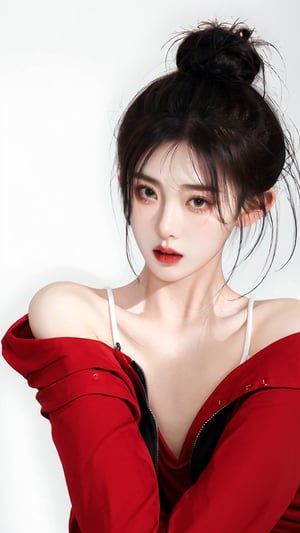 1girl, solo, looking at viewer, dark cinematic background, black hair, white background, cowboy shot, hair bang, red shirt, front open, off shoulder, breast, small breast, clevage, deep clevage, single hair bun, red lips, animification, open shirt, dark theme