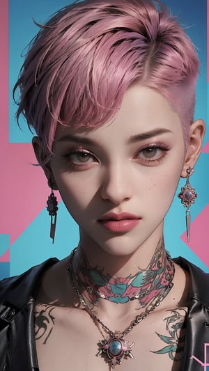 Kizi, an androgynous style icon, dominates the magazine cover with their trendy ensemble and striking pink-tinged pixie haircut. Against a vibrant columnar patchwork background with geometric stitching, Kizi's face takes center stage, showcasing intricately detailed eyes, lips, and facial features. Framed by bold lines and contrasting textures, Kizi exudes confidence and charisma, drawing the viewer's gaze to their captivating presence.