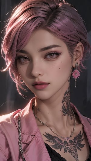 1girl, solo, looking at viewer, short hair, brown eyes, jewelry, closed mouth, collarbone, jacket, pink hair, earrings, necklace, lips, black jacket, eyelashes, tattoo, makeup, portrait, nose, very short hair, mascara, neck tattoo