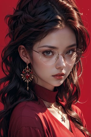 1girl, solo, long hair,oil painting, impasto, looking at viewer, black hair, jewelry,sweater,red eyes,close,earrings, lips,brown skin, necklace,hunter eyes,sharp eyes,glitter,shiny,flirty gaze,lips,red background,circlet,(red glasses,red contrast),masterpiece,beautyniji,nijistyle,niji