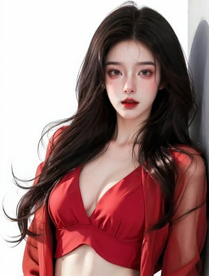 (masterpiece),realistic,anime art,white background,indoor, photography shoot, 1girl with natural face, solo, webtoon art, black hair, red suit, midriff, twilight, cinematic wall background,(brilliant composition) 
detailed photo, raw photo, hyper realistic, ultra detailed