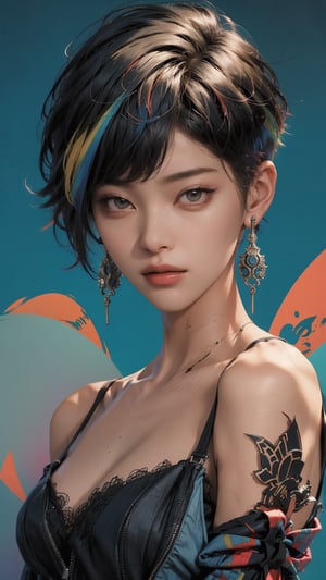 A striking magazine cover features Kizi, a stylish androgynous model with trendy clothing and a bold, multi-toned pixie haircut. The subject is set against a columnar patchwork background with geometric pattern stitching, creating a visually appealing contrast. Kizi's face is meticulously rendered, showcasing detailed eyes, lips, and facial features. The overall composition is brilliant, drawing the viewer's attention to the confident and charismatic model.