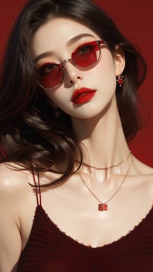 1girl, solo, white background, long hair, looking at viewer, brown hair, sweater, jewelry, closed mouth, black sweater, high neck, midriff, earrings, chunky knit sweater, necklace, lips, , head tilt, dark sunglass, makeup, formal, lipstick, red background, red lips, (brilliant composition),upper_body