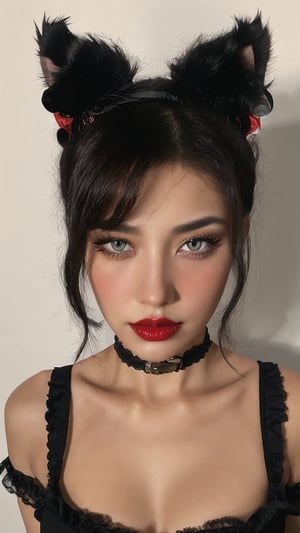 1girl, solo, looking at viewer, dark cinematic background, black hair, white background, cowboy shot, hair bang, cat headband, red shirt,  clevage, single hair bun, red lips, dark theme