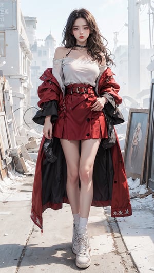 (Cinematic lighting, bloom), (Best Quality, Masterpiece, high resolution), (beautiful and detailed eyes), (realistic detailed skin texture), (detailed hair), (realistic light and detailed shadow), (masterpiece, 8k), a teen girl, (((solo))), (((black long hair))), (((red full sleeve top))), (((red coat))), (((black skirt))), (((waist obi belts))), (((choker))), (((sneakers))), Confidence and pride, teen 1_girls,beauty,Young beauty spirit, realistic, ultra detailed, photo shoot,(brilliant composition),(((white_background ))),full_body