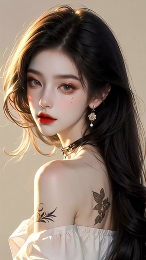 1girl, solo, long hair, looking at viewer, simple background, black hair, bare shoulders, jewelry, closed mouth, jacket, upper body, braid, hair ornaments, flower, flower hair, earrings, choker, artist name, necklace, off shoulder, twin braids, lips, head tilt, strapless, tattoo, black choker, dark sunglass, hair over shoulder,indoor, photo background blurry background, red lips, cowboy_shot