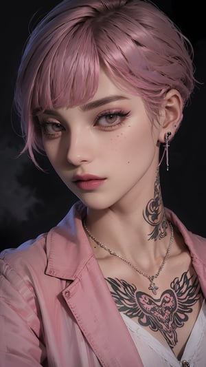 1girl, solo, looking at viewer, short hair, brown eyes, jewelry, closed mouth, collarbone, jacket, pink hair, earrings, necklace, lips, black jacket, eyelashes, tattoo, makeup, portrait, nose, very short hair, mascara, neck tattoo