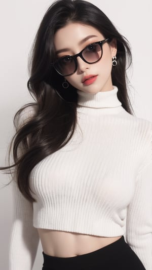 1girl, solo, black and white photo, white background, long hair, looking at viewer, black hair, sweater, jewelry, closed mouth, black chunky knit sweater, high neck, midriff, earrings, necklace, lips, head tilt, dark sunglass, white background, (brilliant composition),upper_body,monochrome,sketch