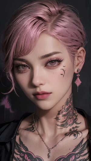 1girl, solo, looking at viewer, short hair, brown eyes, jewelry, closed mouth, collarbone, jacket, pink hair, earrings, necklace, lips, black jacket, eyelashes, tattoo, makeup, portrait, nose, very short hair, mascara, neck tattoo