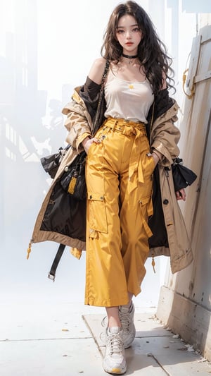 (Cinematic lighting, bloom), (Best Quality, Masterpiece, high resolution), (beautiful and detailed eyes), (realistic detailed skin texture), (detailed hair), (realistic light and detailed shadow), (masterpiece, 8k), a small teen girl, (((solo))), (((black long hair))), (((red full sleeve top))), (((yellow coat))), (((yellow Palazzo pants))), (((waist obi belts))), (((choker))), (((sneakers))), Confidence and pride, teen 1_girls,beauty,Young beauty spirit, realistic, ultra detailed, photo shoot,(brilliant composition),(((white_background ))),full_body