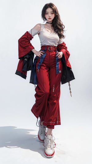 (Cinematic lighting, bloom), (Best Quality, Masterpiece, high resolution), (beautiful and detailed eyes), (realistic detailed skin texture), (detailed hair), (realistic light and detailed shadow), (masterpiece, 8k), a teen girl, (((solo))), (((black long hair))), (((red full sleeve top))), (((red coat))), (((blue Palazzo pants))), (((waist obi belts))), (((choker))), (((sneakers))), Confidence and pride, teen 1_girls,beauty,Young beauty spirit, realistic, ultra detailed, photo shoot,(((white_background ))),full_body
