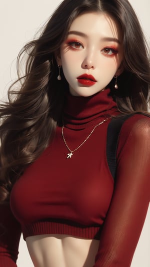 1girl, solo, white background, long hair, looking at viewer, brown hair, sweater, jewelry, closed mouth, black sweater, high neck, midriff, earrings, chunky knit sweater, necklace, lips, , head tilt, dark sunglass, makeup, formal, lipstick, red background, red lips, (brilliant composition),upper_body