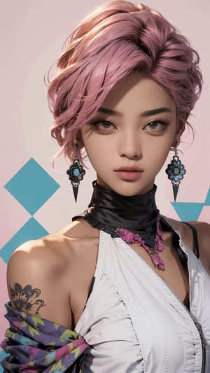 A striking magazine cover features Kizi, a stylish androgynous model with trendy clothing and a bold, pink-toned side haircut. The subject is set against a columnar patchwork background with geometric pattern stitching, creating a visually appealing contrast. Kizi's face is meticulously rendered, showcasing detailed eyes, lips, and facial features. The overall composition is brilliant, drawing the viewer's attention to the confident and charismatic model.