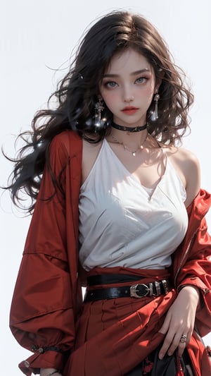(Cinematic lighting, bloom), (Best Quality, Masterpiece, high resolution), (beautiful and detailed eyes), (realistic detailed skin texture), (detailed hair), (realistic light and detailed shadow), (masterpiece, 8k), a teen girl, (((solo))), (((black long hair))), (((red full sleeve top))), (((red coat))), (((black skirt))), (((waist obi belts))), (((choker))), Confidence and pride, teen 1_girls,beauty,Young beauty spirit, realistic, ultra detailed, photo shoot,(brilliant composition),(((fullwhite_background ))),midjourney