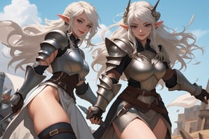 girl, armor, armored, big thighs, big_thighs, thicc thighs, medieval, sword, happy face, beautiful face, make up, piercings, elf ears, beautiful cenario, lights, daggers, beautiful sky, wind, detailed hair