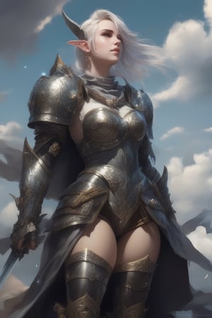 girl, armor, armored, big thighs, big_thighs, thicc thighs, medieval, sword, happy face, beautiful face, make up, piercings, elf ears, beautiful cenario, lights, daggers, beautiful sky, wind, detailed hair