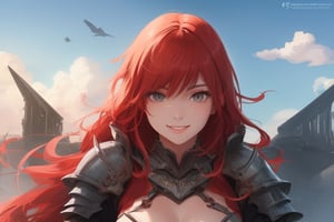 sexy, girl, long hair, beautiful sky, beautiful face, happy, red hair, armored