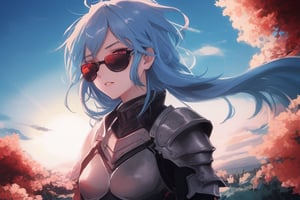 girl, blue and pink hair, shades, blue eye and red eye, armoured, beautiful sky, beautiful sun, heterocromy, red fades