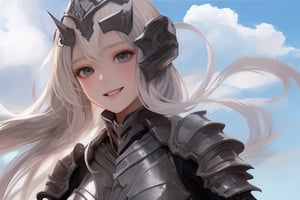 sexy, girl, long hair, beautiful sky, beautiful face, happy, armored