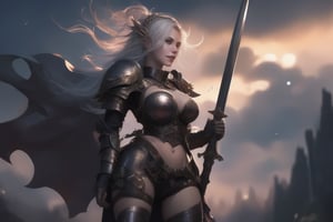 girl, armor, armored, big thighs, big_thighs, thicc thighs, medieval, sword, happy face, beautiful face, make up, piercings, elf ears, beautiful cenario, lights, daggers, beautiful sky, wind, detailed hair