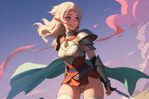 girl, armor, armored, big thighs, big_thighs, thicc thighs, medieval, sword, happy face, beautiful face, make up, piercings, elf ears, beautiful cenario, lights, daggers, beautiful sky, wind, detailed hair