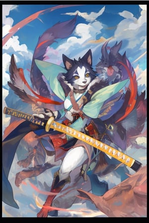 girl, furry, katana, beautiful sky