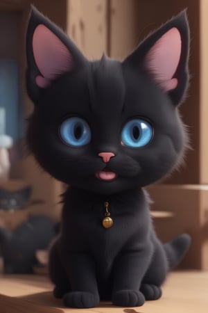 cat, happy, big ears, loving eyes, blue eyes,3d style, black  cat, fluffy