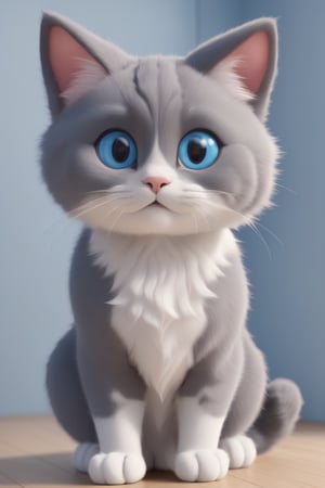 cat, happy, big ears, loving eyes, blue eyes,3d style, grey cat, fluffy