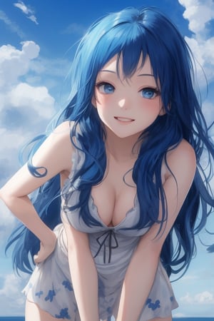 sexy, girl, long hair, beautiful sky, beautiful face, happy, blue hair