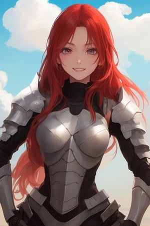 sexy, girl, long hair, beautiful sky, beautiful face, happy, red hair, armored