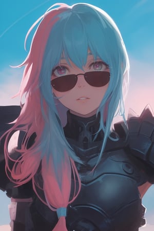 girl, blue and pink hair, shades, blue eye and red eye, armoured, beautiful sky, beautiful sun, heterocromy, red fades