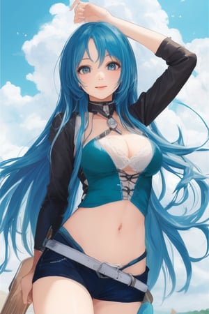 sexy, girl, long hair, beautiful sky, beautiful face, happy, blue hair