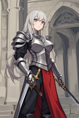 girl, medieval suit, long hair, sword, armored