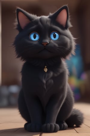 cat, happy, big ears, loving eyes, blue eyes,3d style, black  cat, fluffy