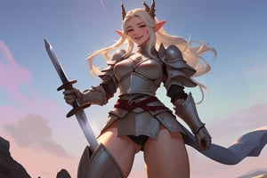 girl, armor, armored, big thighs, big_thighs, thicc thighs, medieval, sword, happy face, beautiful face, make up, piercings, elf ears, beautiful cenario, lights, daggers, beautiful sky, wind, detailed hair